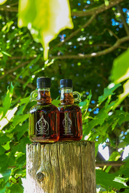 Two bottles of Beaver Valley Organic Maple Syrup in a green outdoor setting, a simple real-food option for active days